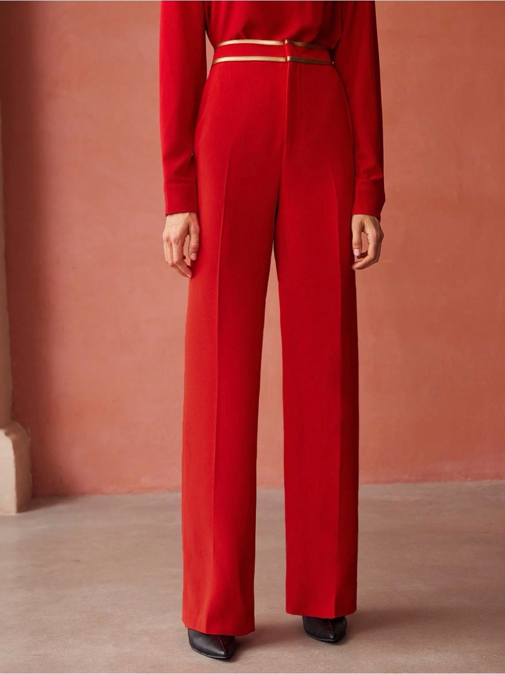 MOTF Women’s M Red/Gold Solid Crepe Wide-Leg High Rise Dress Pants P-MT001